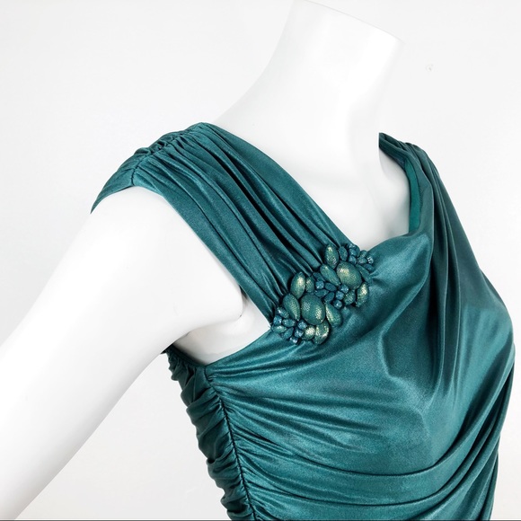 Tadashi Shoji Dress Teal Fitted Drape Ruched Gown - Picture 5 of 8